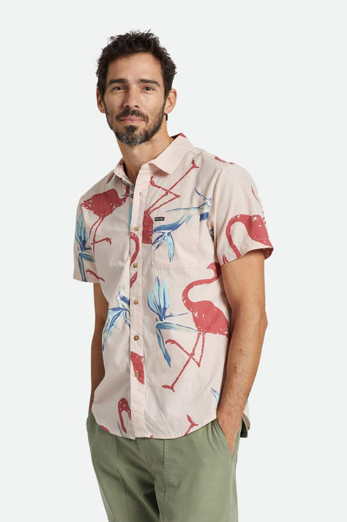 Charter Print S/S Woven Shirt - Coral Pink/Dusty Cedar/Canal Blue - Wave Riding Vehicles