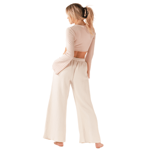 Cream Wide Leg Cotton Drawstring Pants With Pockets - Wave Riding Vehicles